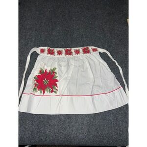 Vintage Christmas Poinsettia Half Apron White Cotton Rickrack Pocket One Size